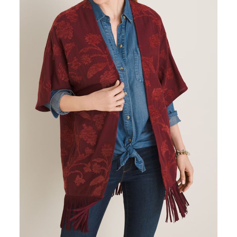 Chicos Chenille Floral Jacquard Fringe Ruana Wrap Kimono Soft Cozy Boho Sz L/XL